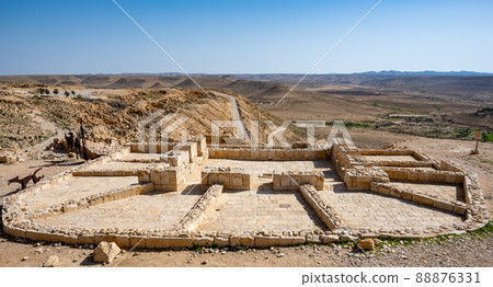 View of the ruined buildings in the ancient Nabataean city of Avdat, now a national Park, in the Negev Desert, Southern Israel 88876331