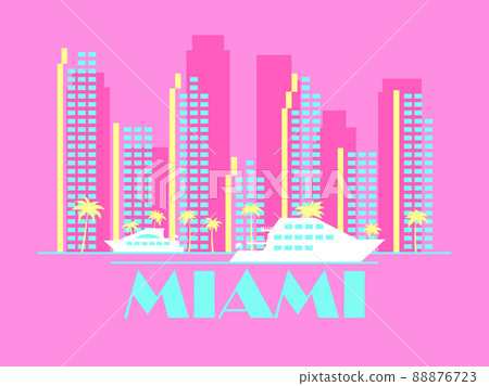 Miami landscape in vintage style. Skyscrapers with palm trees and yachts. City banner for print, posters and promotional materials. City logo. Vector illustration 88876723