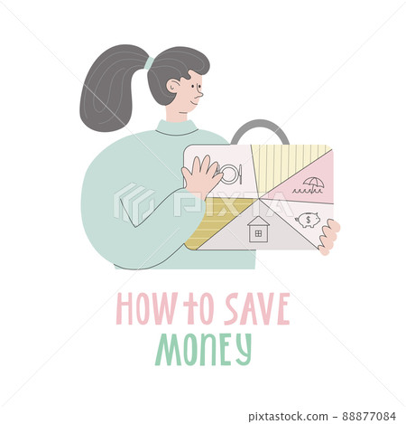 Woman is saving money for croceries, auto, education, retirement, health, gifts, home, make her fund. How to save money Vector flat illustration Woman is saving money for croceries, auto, education, retirement, health, gifts, home, make her fund. How to save money Vector flat illustration 88877084