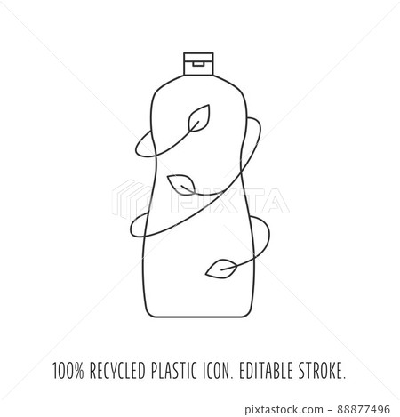 Made from recycled plastic - cleaning bottle icon concept of waste sorting. Editable stroke. Vector stock illustration isolated on white background for packaging logo print. EPS10  88877496