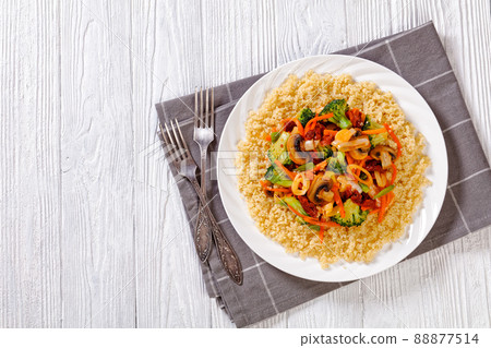 quinoa with fried veggies, mushrooms on plate quinoa with fried veggies, mushrooms on plate 88877514
