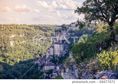 View of ancient rock city of Rocamadour and its famous religious shrines. Lot, Occitania 88877872