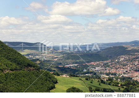 Millau Viaduct is multispan cable-stayed bridge across gorge valley of Tarn river. Aveyron Millau Viaduct is multispan cable-stayed bridge across gorge valley of Tarn river. Aveyron 88877881