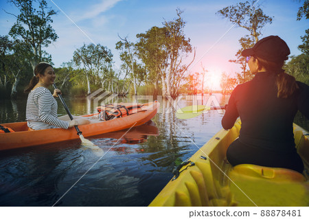 two asian woman sailing sea kayak in mangrove lagoon 88878481