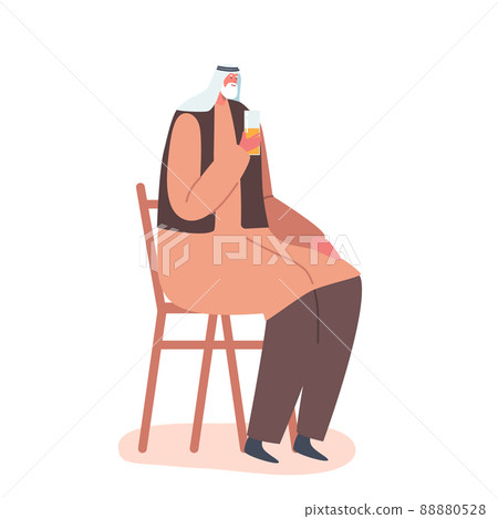 Senior Saudi Male Character Wearing Thawb or Kandura Dress Drinking Beverage Sit on Chair Isolated on White Background 88880528