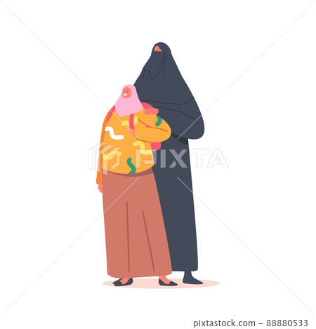 Traditional Arab Family, Mother and Daughter Characters. Saudi Woman and Girl Wear National Clothes Hijab or Abaya 88880533