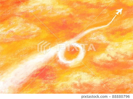 在用蠟筆繪製的橙色日落天空中的凝結尾跡 88880796