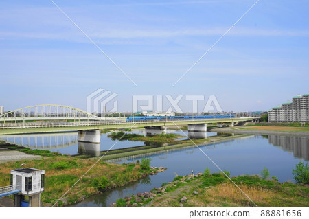 April Komae 174 Odakyu Line Romance Car 60000 MSE Car and Tama River Bridge 88881656