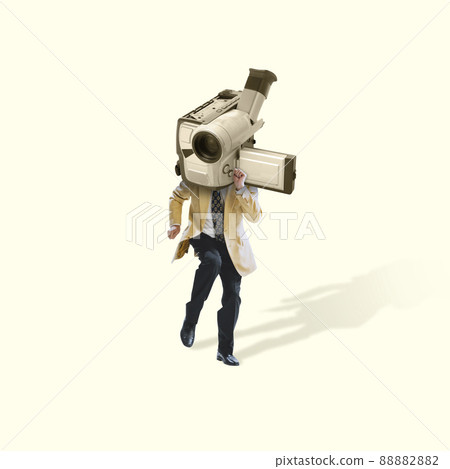 Contemporary art collage. Man wearing vintage stylish suit and having retro camera head isolated over yellow background Contemporary art collage. Man wearing vintage stylish suit and having retro camera head isolated over yellow background 88882882