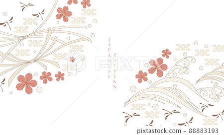 Japanese icon and symbol vector background . Oriental decoration with logo design, flyer or presentation in vintage style. Cherry blossom flower, hand drawn wave, ribbon element with geometric shape. Japanese icon and symbol vector background . Oriental decoration with logo design, flyer or presentation in vintage style. Cherry blossom flower, hand drawn wave, ribbon element with geometric shape. 88883193