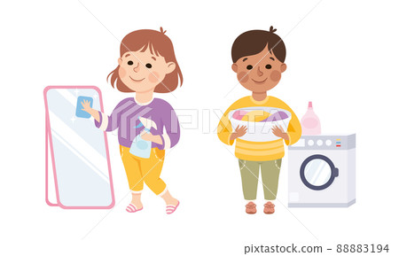 Kids doing household chores set. Cute children doing laundry and cleaning mirror cartoon vector illustration Kids doing household chores set. Cute children doing laundry and cleaning mirror cartoon vector illustration 88883194