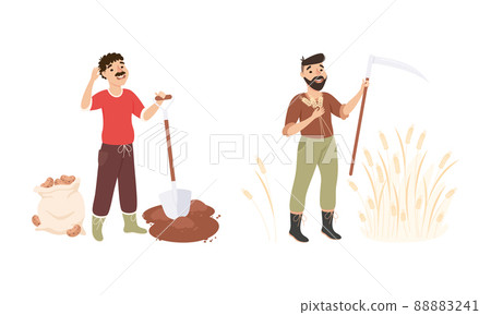 Male farmers harvesting potato and wheat. Farming and agriculture cartoon vector illustration Male farmers harvesting potato and wheat. Farming and agriculture cartoon vector illustration 88883241