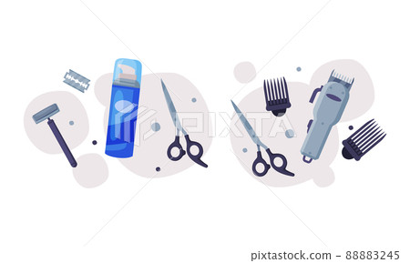 Professional barber supplies set. Hair clipper, shaving foam bottle, razor and scissors cartoon vector illustration Professional barber supplies set. Hair clipper, shaving foam bottle, razor and scissors cartoon vector illustration 88883245