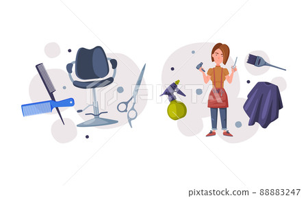 Professional woman hairdresser and tools for styling and haircut set cartoon vector illustration 88883247