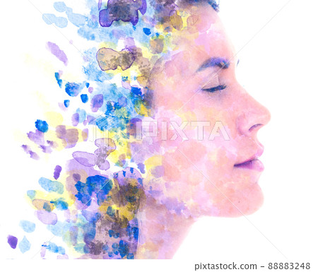 Paintography. Abstract colorful watercolor painting combined with a portrait Paintography. Abstract colorful watercolor painting combined with a portrait 88883248