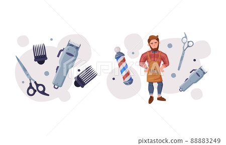 Professional male barber and tools for styling and haircut set cartoon vector illustration Professional male barber and tools for styling and haircut set cartoon vector illustration 88883249
