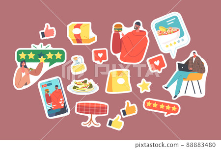 Set of Stickers Food Critics, Tasters Making Opinion on Food. Professional Writers or Bloggers Making Review and Ranking 88883480