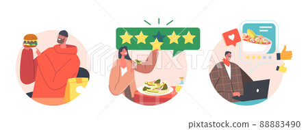 Set of Food Critics Avatars or Round Icons, Taster Making Opinion on Food. Professional Bloggers Making Review Ranking 88883490