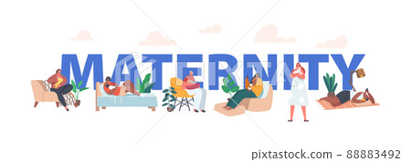 Maternity, Breastfeeding, Lactation Concept. Female Characters Feeding Baby with Breast, Natural Nutrition for Child 88883492