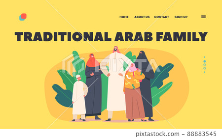 Traditional Arab Family Landing Page Template. Parents and Children Characters. Saudi People Wear National Clothes 88883545