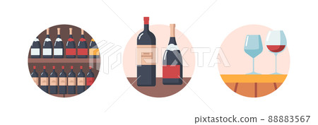 Wine Bottles and Wineglasses on Table, Shelf with Alcohol Drinks Isolated Round Icons on White Background 88883567