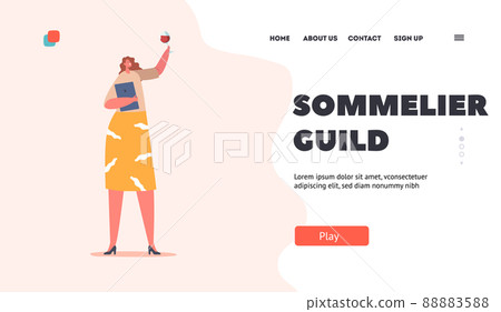 Sommelier Guild Landing Page Template. Female Character Tasting Wine Concept. Specialist with Beverage in Wineglass 88883588