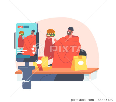 Food Critic Recording Video on Smartphone while Visiting Fast Food Restaurant. Man Trying Burger and Making Reviews 88883589