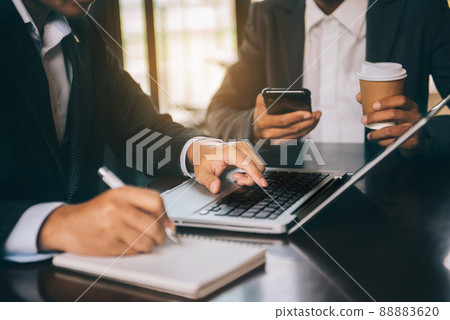 Idea presentation, analyze plans. Business meeting account managers crew working search page on computer with new startup project. Idea presentation, analyze plans. Business meeting account managers crew working search page on computer with new startup project. 88883620
