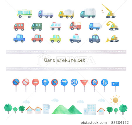 Hand-painted illustration set of working cars and signs 88884122