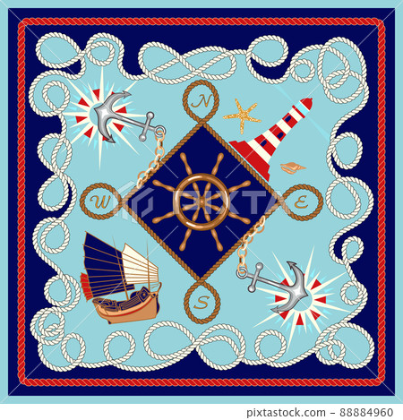 Nautical frame, travel concept pattern. Silk scarf design with, rope, ship wheel, lighthouse, anchor, marine elements, symbols 88884960