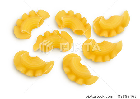 Pasta cornetti creste macaroni isolated on white background with clipping path and full depth of field. Top view. Flat lay 88885465