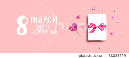 Happy Womens day message with a gift box and hearts Happy Womens day message with a gift box and hearts 88885559