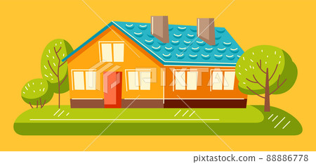 Background with cute house and trees. Country cottage illustration. 88886778