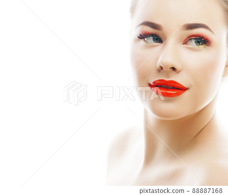 young blond real woman with bright make up smiling pointing gesturing emotional isolated like doll lashes young blond real woman with bright make up smiling pointing gesturing emotional isolated like doll lashes 88887168