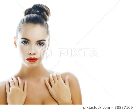 young pretty brunette real woman close up isolated on white background. Fancy fashion makeup, natural look spa young pretty brunette real woman close up isolated on white background. Fancy fashion makeup, natural look spa 88887169