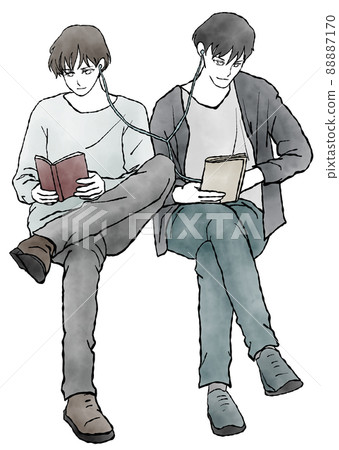 Manga-style hand-painted watercolor illustration of a man reading while sharing earphones (in the image of a same-sex partner) Manga-style hand-painted watercolor illustration of a man reading while sharing earphones (in the image of a same-sex partner) 88887170