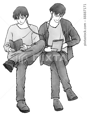 Manga-style hand-painted watercolor monochrome illustration of a man reading while sharing earphones (image of same-sex partner) Manga-style hand-painted watercolor monochrome illustration of a man reading while sharing earphones (image of same-sex partner) 88887171