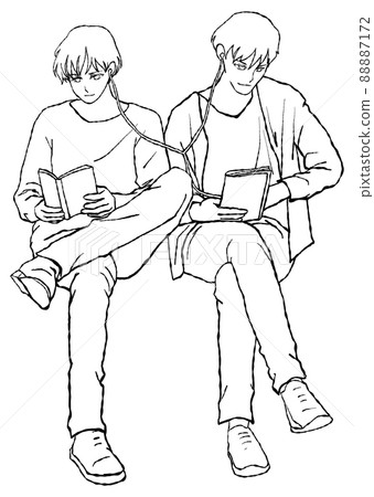 漫畫風格的手繪線條藝術插圖，描繪一個男人在共享耳機時閱讀（以同性伴侶的形象） 88887172