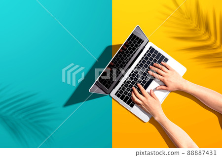 Person using a laptop computer with tropical plant shadow Person using a laptop computer with tropical plant shadow 88887431