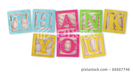 Thank you concept with childs wood blocks on white with clipping path to remove shadow 88887746