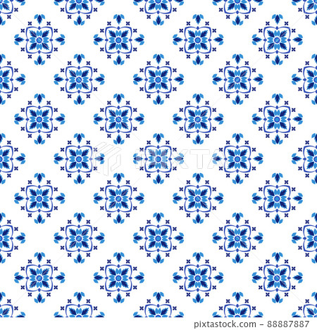 Azulejos portuguese traditional ornamental tile, blue and white seamless pattern 88887887