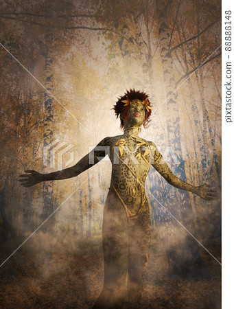 3D Dryad woman in autumn forest 88888148