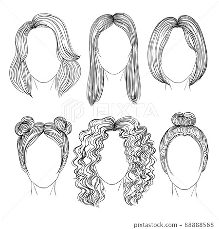 set of different hairs and hairstyle .fringe curly cascade kare. pencil drawing sketch . set of different hairs and hairstyle .fringe curly cascade kare. pencil drawing sketch . 88888568