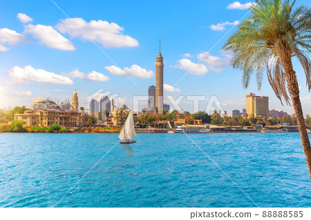 Cairo downtown, view on Gezira Island in the Nile and sailboat, Egypt, Africa 88888585