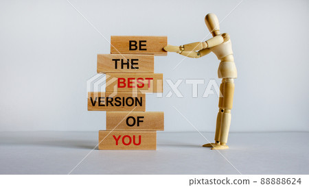 Concept of building success foundation. Wooden blocks on the stack of wooden blocks. Text 'be the best version of you'. Wooden model of human. Beautiful white background, copy space. Concept of building success foundation. Wooden blocks on the stack of wooden blocks. Text 'be the best version of you'. Wooden model of human. Beautiful white background, copy space. 88888624