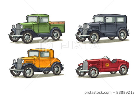 Retro car sedan, coupe, roadster and pickup truck. Vintage engraving Retro car sedan, coupe, roadster and pickup truck. Vintage engraving 88889212