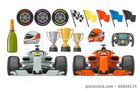 Set race flat icons. Helmet, champagne, cup, flag Set race flat icons. Helmet, champagne, cup, flag 88889214