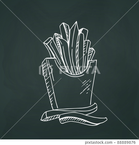 French fries thin white lines on a textural dark background - Vector French fries thin white lines on a textural dark background - Vector 88889876