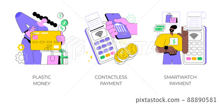 Digital transactions abstract concept vector illustration set. Plastic money, contactless smartwatch payment, credit and debit card, smartphone banking application, smart technology abstract metaphor. Digital transactions abstract concept vector illustration set. Plastic money, contactless smartwatch payment, credit and debit card, smartphone banking application, smart technology abstract metaphor. 88890581