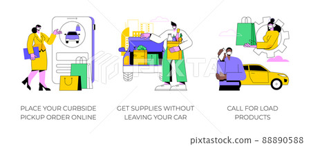 Curbside pickup abstract concept vector illustration set. Place your curbside pickup order online, get supplies without leaving car, call for load products, contactless payment abstract metaphor. Curbside pickup abstract concept vector illustration set. Place your curbside pickup order online, get supplies without leaving car, call for load products, contactless payment abstract metaphor. 88890588